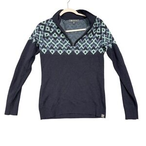 Title Nine Sweater Womens Small Blue Geometric 1/4 Zip Mock Neck Merino Wool